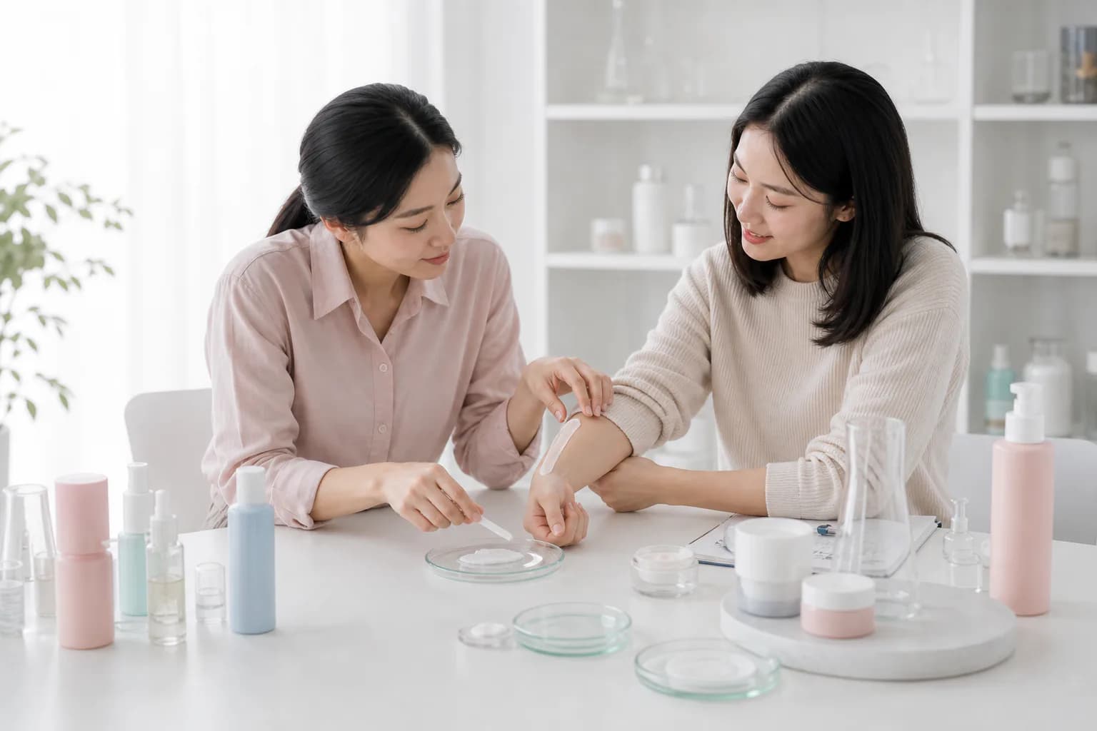 นักพัฒนากำลังเปรียบเทียบเนื้อสัมผัสและวิธีใช้ตัวอย่างเครื่องสำอาง
